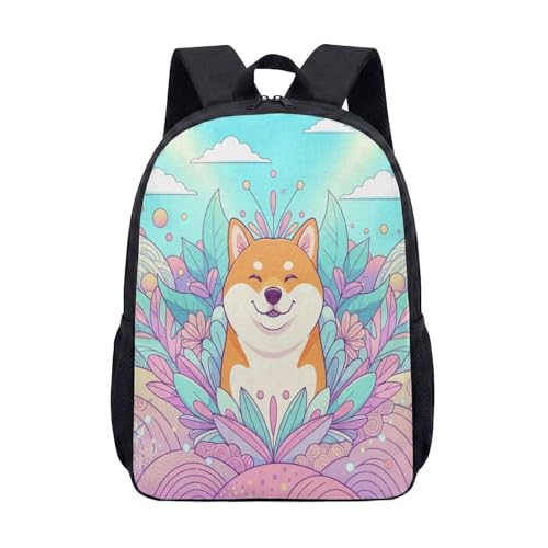 Linda mochila Shiba Inu con diseño de ondas japonesas de 17 pulgadas para niños, adolescentes, mochila escolar con estampado geométrico de perro kawaii, 04., L, Minimalista