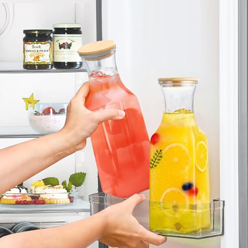 image for Tinaforld 35 Oz Square Glass Carafe with Bamboo Lid, Beverage Dispense