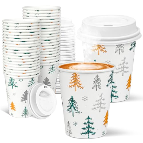 Charmount 40 Pack 8 oz Paper Coffee Cups with Lids, Disposable To-Go Cups for Coffee Bars, Hot Chocolate, Cocoa, Hot Tea Drinks, and Hoildays Party Decoration Supplies