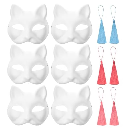 MUNSKT 6 máscaras de gato con 6 borlas, máscara de media cara de anime de estilo japonés para máscaras pintadas a mano, adecuadas para Halloween, carnaval, bailes de máscaras