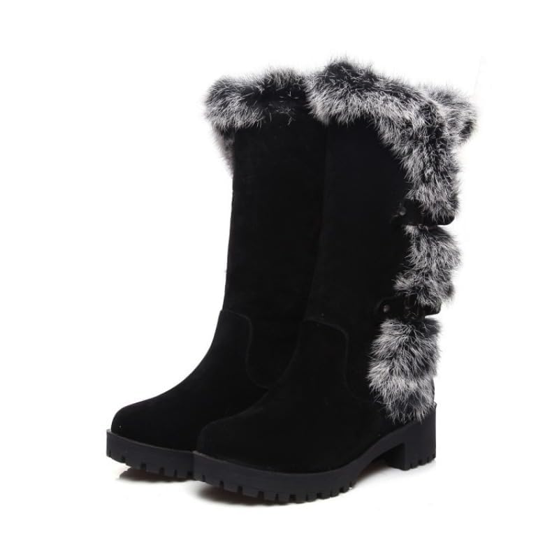 Womens Winter Snow Boots Fur Mid Calf Warm Suede Fuzzy Shoe Fashion Metal Buckle Furry Wedges Booties Outdoor