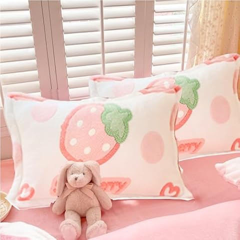 MorroMorn Decorative Pillows Covers Pink Kawaii, 2 Packs Plush Pillow Cases Standard Size, Soft Throw Pillowcase Cushion Shams with Zipper Closure Girls Room Decor (Pink Strawberry, Standard) Cover