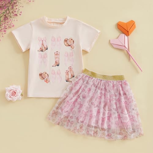 Image of Kayotuas Toddler Girl Summer Outfits Bow Embroidery Short Sleeve T-shirt and Sparkle Tutu Skirt Cute Sister Matching Dresses
