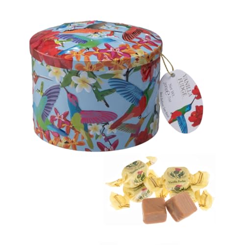 Gardiners of Scotland | Decoración de colibrí con lata de metal Fudge | Caramelos Fudge Ingleses Crema De Leche - 200 Gr | Lata De Dulce De Vainilla Estampados Coloridos