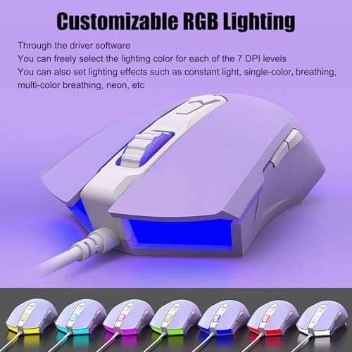 Image of Lomiluskr AJ52 RGB Wired Gaming Mouse, 7 Programmable Buttons, Computer Mice with RGB Lighting, 200-4800 DPI Adjustable, for PC /Laptop (Purple)