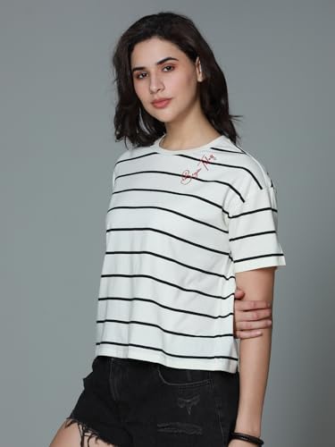 Image of HIGH STAR Women's Cotton Striped Oversized Fit T-Shirt
