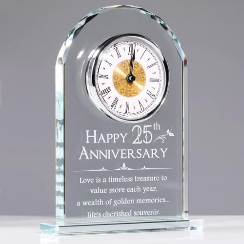 YWHL 25th Wedding Anniversary Clock Gifts for Couple, 25 Year Anniversary Keepsake Gifts for Husband/Wife, Glass Clock Decoration for 25 Years for Marriage (Battery not Included)