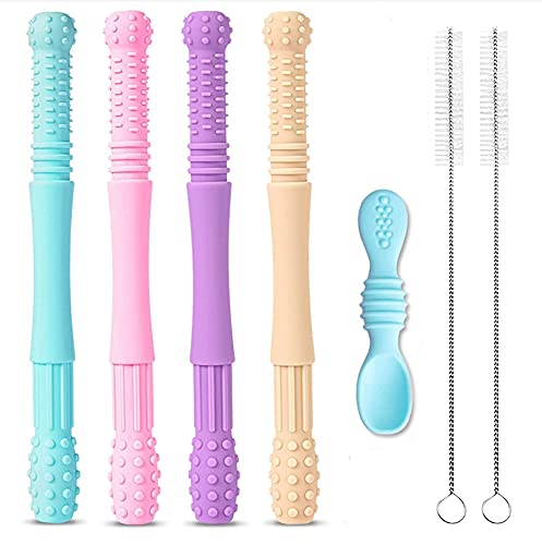 TYTA Hollow Silicone BPA-Free Freezable Teether Tubes with a Feeding Spoon and Cleaning Brush - Pack of 4