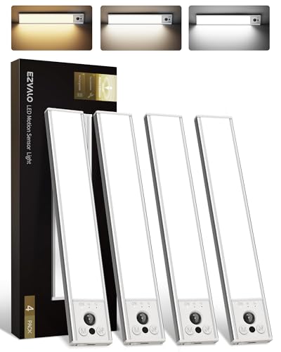 EZVALO 4-Pack Under Cabinet Lights, 2400mAh Rechargeable Motion Sensor Light Indoor, Wireless Closet Lights, with 3 Color Temps, Dimmable, Magnetic, Under Counter Lights for Kitchen, Stairs (8-inch)