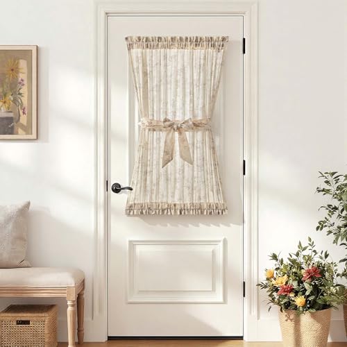 Image of jinchan Floral French Door Curtain Panel Farmhouse Decor Light Filtering Linen with Tie Up Bow for Glass Door or Patio 40 Inch Length Rod Pocket 1 Panel Taupe on Linen
