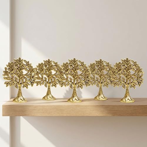 Image of BEHOMA 100% Pure Brass Kalpvriksh Tree with - Set of 5, 8.5 cm | Vastu Brass Tree of Life figurine showpiece - as a collectible display accent (Set of 5, 8.5 cm)