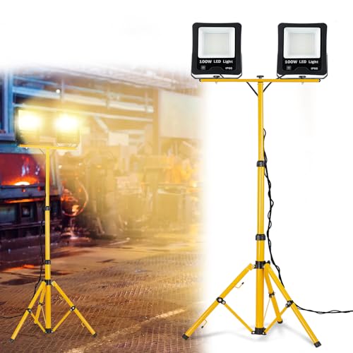 FIVMEN Baustrahler 2x100W 8500LM LED Strahler Arbeitsleuchte mit Verstellbarer Stativ und 3m Kabel Stecker Baulampe Arbeitsscheinwerfer Wasserdicht IP66 für Garage Werkstatt Baustelle, Warmweiß FIVMEN Baustrahler 2x100W 8500LM LED Strahler Arbeitsleuchte mit Verstellbarer Stativ und 3m Kabel Stecker Baulampe Arbeitsscheinwerfer Wasserdicht IP66 für Garage Werkstatt Baustelle, Warmweiß