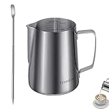 Small Size Milk Frother Cup12oz Milk Frothing Pitcher for Coffee Stainless Steel Milk Steamer and frother Cup Jug 12 oz for 1-2 servings for Beginners Steamer Pitcher Cup Attached Art Pen