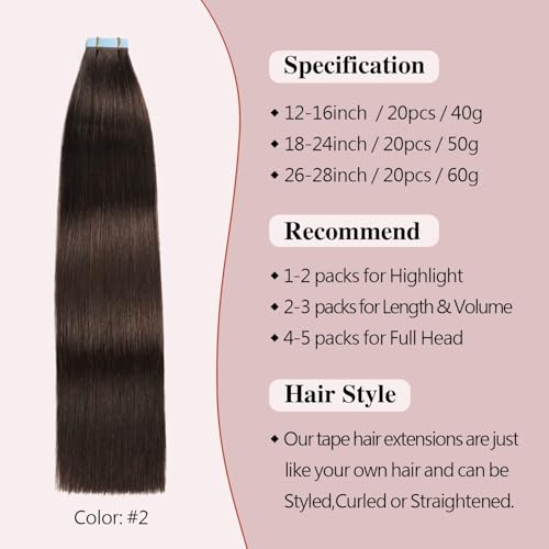 Sunya Tape in Hair Extensions Human Hair Invisible Tape Hair Extensions 14 inch Tape in Hair Extensions Dark Brown Straight Hair Extensions Tape in 40g 20pcs/Pack - Image 2