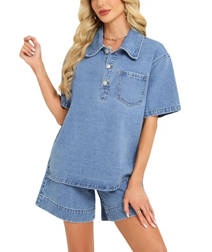 Ladyful Womens Summer Denim Sets Two Piece Outfits Short Sleeve