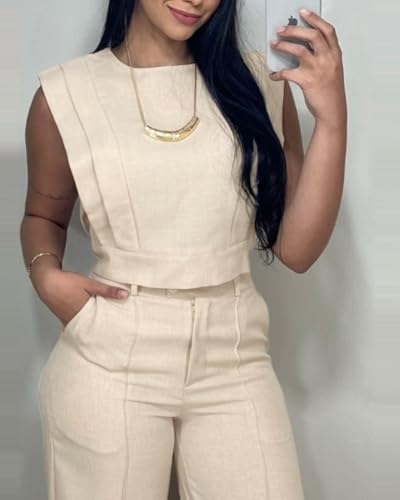 CHICME Women's Summer 2 Piece Outfits Cap Sleeve Round Neck Tank Crop Top Wide Leg Pants Set with Pockets2