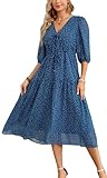 Kormei Women's Casual 3/4 Sleeve Summer Dress Boho Floral Print V Neck High Waist Long Party Beach Flowy Maxi Dresses L Dark Blue Floral