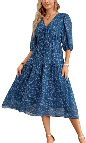 Kormei Women's Casual 3/4 Sleeve Summer Dress Boho Floral Print V Neck High Waist Long Party Beach Flowy Maxi Dresses