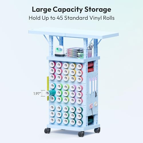 Image of Sunnacate Craft Storage Cart Compatible with Cricut Machine, Rolling Craft Stand Shelf Table Desk Organizer with 45 Vinyl Roll Holders, Pegboard, Accessories Holder, Craft Room Organization
