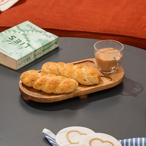 Image of Sanjh Serving Tray - Acacia Wood & Glass Cup Tray - Multipurpose Tray for Tea, Snacks & Drinks (6x12x3.875 inches)