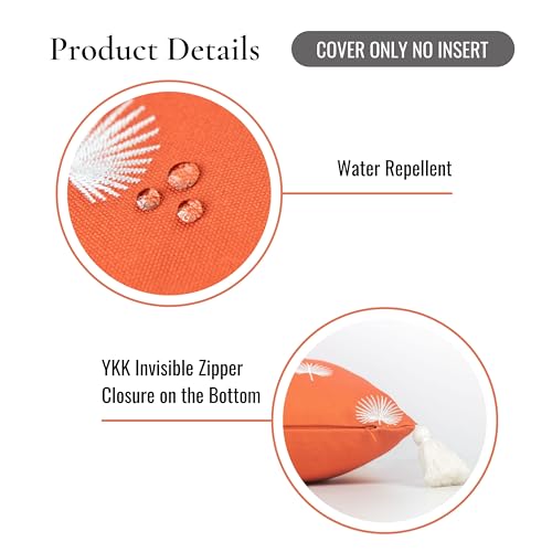Hofdeco Premium Fall Coastal Patio Indoor Outdoor Lumbar Pillow Cover Only, 12"x20" Water Repellent for Backyard, Couch, Rust Orange Embroidered Palm Leaf Tassel - Image 5