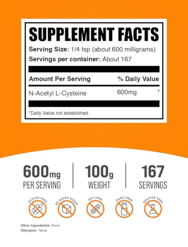 Image of BulkSupplements.com NAC Powder - N-Acetyl Cysteine 600mg, NAC Supplement - Antioxidant Support, Gluten Free - 600mg per Serving, 167 Servings, 100g (3.5 oz) (Pack of 1)