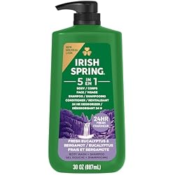1 of Irish Spring 5 in 1 Moisturizing Body Wash for Men, Shampoo, Conditioner, Body and Face Wash, and 24 Hour Deodorizer, Paraben-Free, Fresh Eucalyptus & Bergamot Scent, 30 fl oz - Packaging may vary