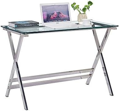 SMARTIK Modern Glass Computer Desk, Clear Study Table - Gaming Desks, Study Desk, and Workstation Table for Small Spaces - Stainless Steel Frame 43.5" L x 21.7" W x 29.9" H