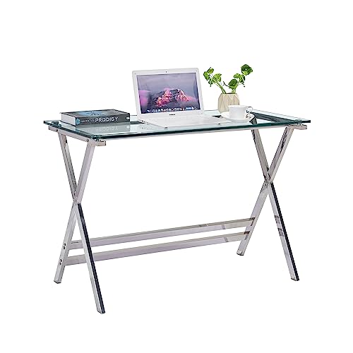 Smartik Modern Glass Computer Desk, Clear Study Table - Gaming Desks, Study Desk, And Workstation Table For Small Spaces - Stainless Steel Frame 43.5" L X 21.7" W X 29.9" H #TOP29