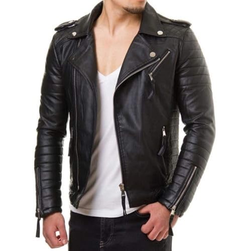 Image of Genuine Lambskin Leather Motorcycle Biker Leather Jacket Men CL-01