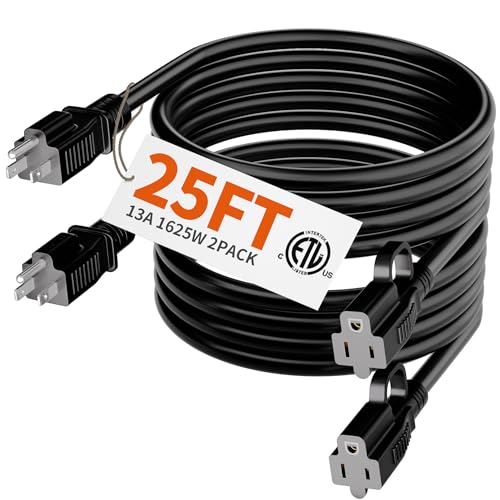 HUANCHAIN Indoor Outdoor Black Extension Cord 25 ft 2 Pack Waterproof 16/3 Gauge Flexible Cold-Resistant Appliance Cable Outside 13A 1625W 16AWG SJTW 3 Prong Electric Cord ETL