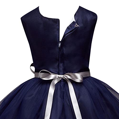 Image of Hopscotch Baby Girls Polyester Blend Sequins Sleeveless Dress Frock with Lace Bow Applique in Navy Color
