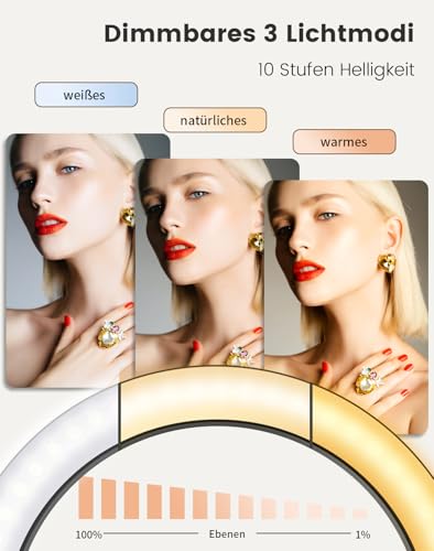 10,2\ Dimmbares Ringlicht mit 75 Zoll hohem Aluminium-Stativ, Flimmerfreies LED-Make-up-Licht/Cold-Shoe-Schnellmontagehalterung, Ringlicht für Handy, TikTok/Live-Stream, Videoaufnahmen