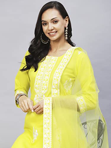 Image of GoSriKi Women's Cotton Blend Straight Embroidered Kurta with Pant & Dupatta