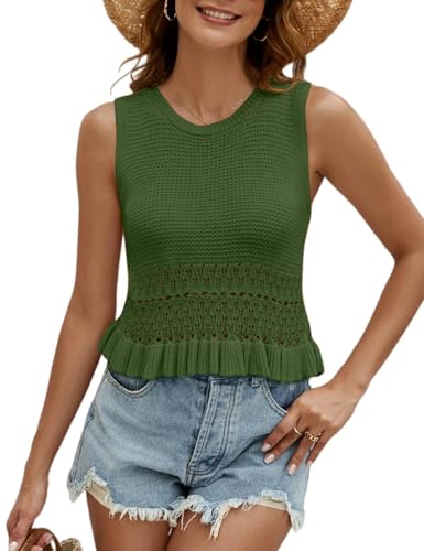 Image of VIMPUNEC Womens Crochet Crop Tank Tops Sleeveless Knit Sweater Vest Ruffle Hem Summer Top