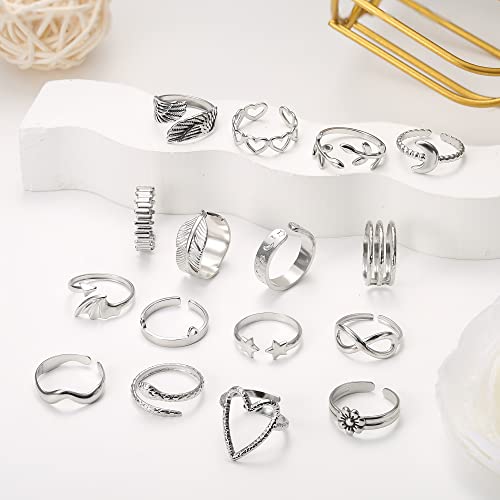 LOLIAS 16 Stück Ringe Silber Damen Edelstahl Ring Verstellbar Offene Daumen Knöchel Ringe Silber 925 für Frauen Minimalistischer Rings Set Silberringe Fingerringe Damenring Ring Schmuck Damen