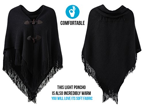 Ferand Women’s Loose Fitting Poncho Cape Shawl with Stylish Horn Buttons, V Neckline and V Hem3