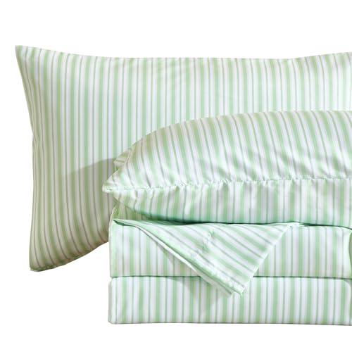 Image of MCO 4Pieces Striped Sheets Set, Breathable King Sheet Set with 16 inch Deep Pocket,Modern & Luxury, Brushed Microfiber Bedding Set(King, Green)