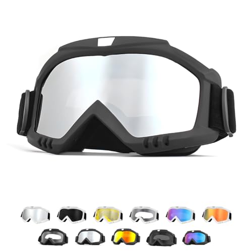 Dirt Bike Goggles, Windproof ATV Off-Road Goggle, Wide Vision Riding Motorcycle Goggles, Motorcycle Accessories (Black-Silver)
