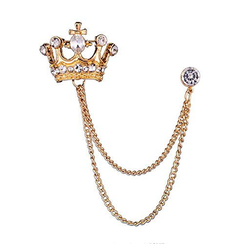 Image of coadipress Crown With Hanging Chain Brooch for Women Men Elegant Gentlemen Gold Silver Crystal Crown Lapel Pin Vintage Rhinestone Wedding Brooch Suit Shirt Pin Accessories