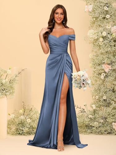 Dessiny Women's Off Shoulder Mermaid Bridesmaid Dresses 2025 with Slit Long Ruched Satin Prom Dresses DE2014