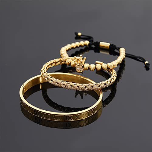 Funeia 3Pcs Cuff Bangle Bracelet For Men Stainless Steel Roman Numeral Charm Cuff Bangle Sets Hip Hop Jewelry (B:gold) #TOP4