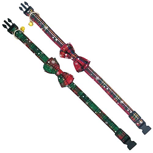 Image of 2 Pack /Set Christmas Snowflake Dog Collars Breakaway with Bow Tie and Bells for Cat and Small /Medium /Large Pets, Red & Green (M(11.8''-17.8''), Red+Green)
