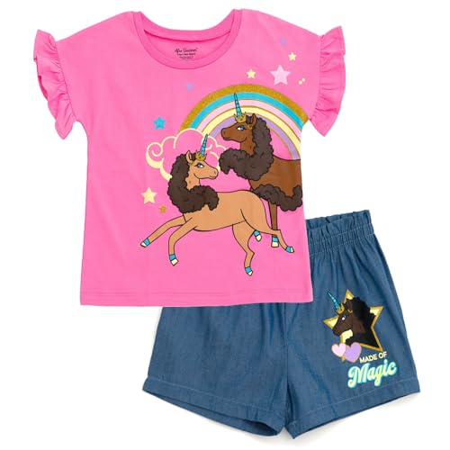 Image of Afro Unicorn Toddler Girls T-Shirt and Chambray Shorts Outfit Set Made Of Magic 2T