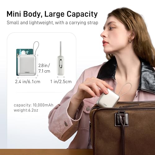 VINKO Small Power Bank with Built-in Cable,10000mAh Fast Charging Power Bank, 22.5W USB C Portable Charger, Mini Battery Pack for iPhone 16 15 14 13 Samsung Galaxy Google Android (White) - Image 3