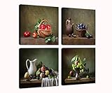 Fruit Pictures Vintage Wall Art Still Life Fruit Oil Paintings on Canvas Wall Decor for Kitchen Dinning Room 4 Panels Framed Canvas Prints Ready to Hang(12''W x 12''H x 4)