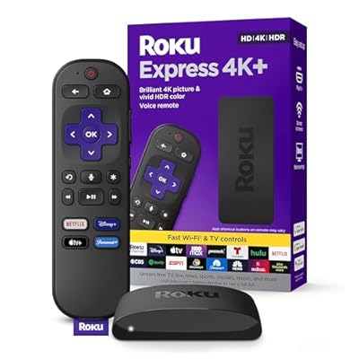 Roku Express 4K+ | Roku Streaming Device 4K/HDR with Voice Remote, Free & Live TV