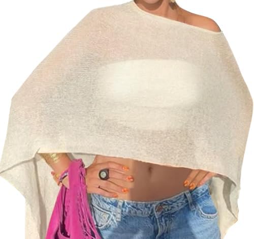 Drop Shoulder Sheer Crochet Vacation Outfits Poncho Sweater Top S...