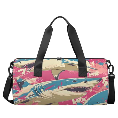 Sharks Round Barrel Sports Fitness Bag, Rose Red Travel Luggage Bag, Reusable Handbag, Suitable For Men and Women2