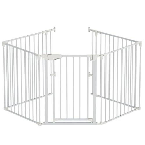 Image of Bonnlo 120-Inch Wide Metal Baby Safety Fence/Play Yard Adjustable Fireplace Hearth BBQ Fire Gate Christmas Tree Gate 5-Panel Playpen for Toddler/Pet/Puppy/Cat/Dog, 25.39"W x 29.3" H Each Panel, White